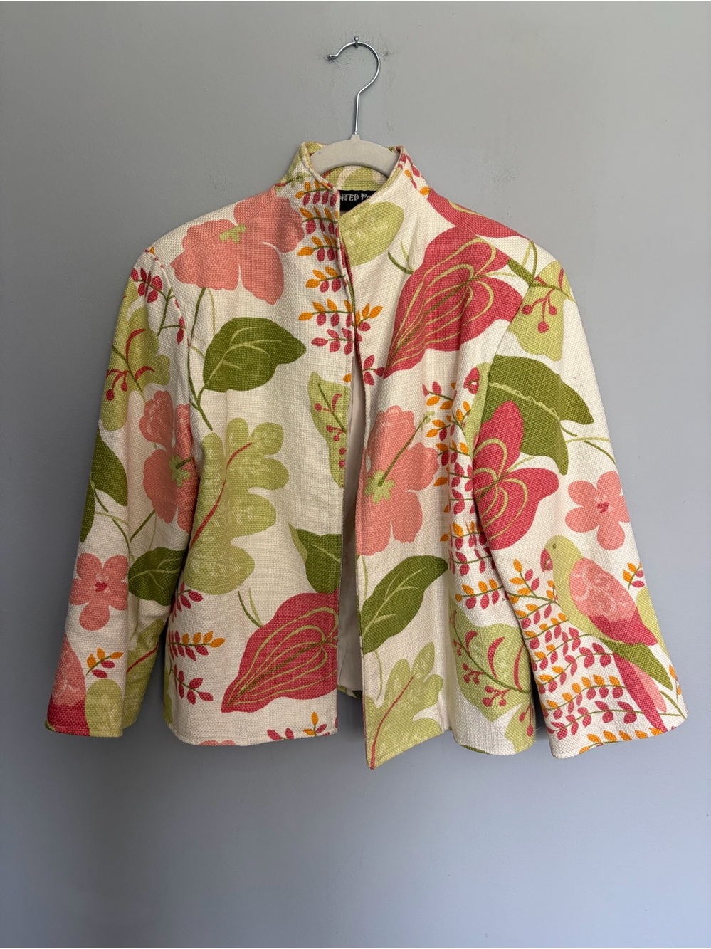 Vtg Painted Pony Open Jacket Women’s M Pink Green Floral Parrot Cotton USA Made